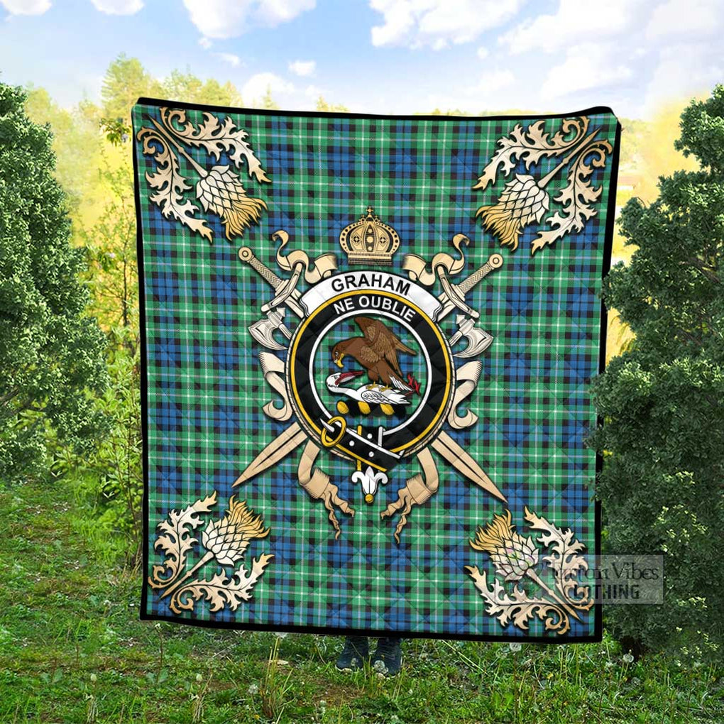 Tartan Vibes Clothing Graham Tartan Quilt with Family Crest and Scottish Golden Courage Shield