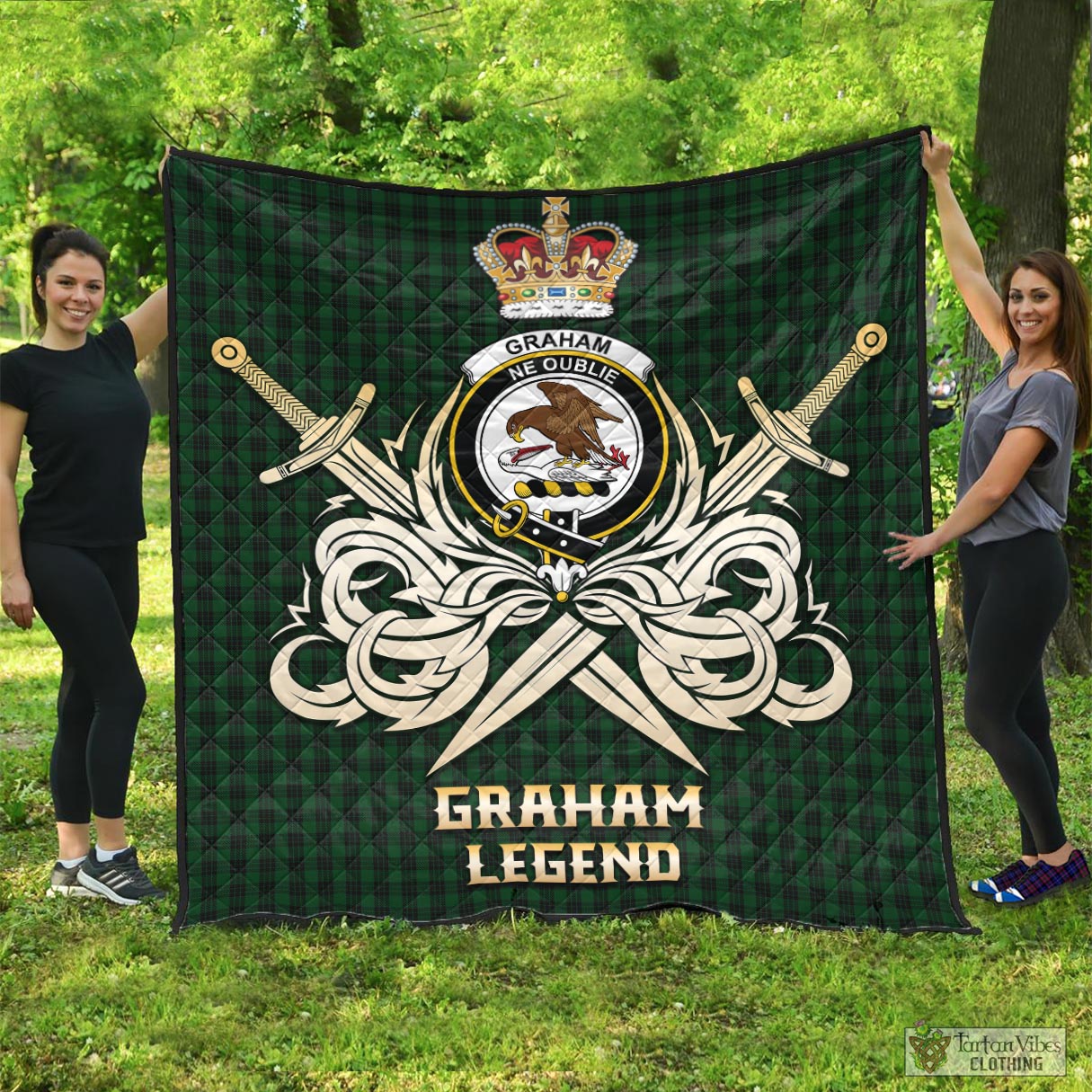 Tartan Vibes Clothing Graham Tartan Quilt with Clan Crest and the Golden Sword of Courageous Legacy