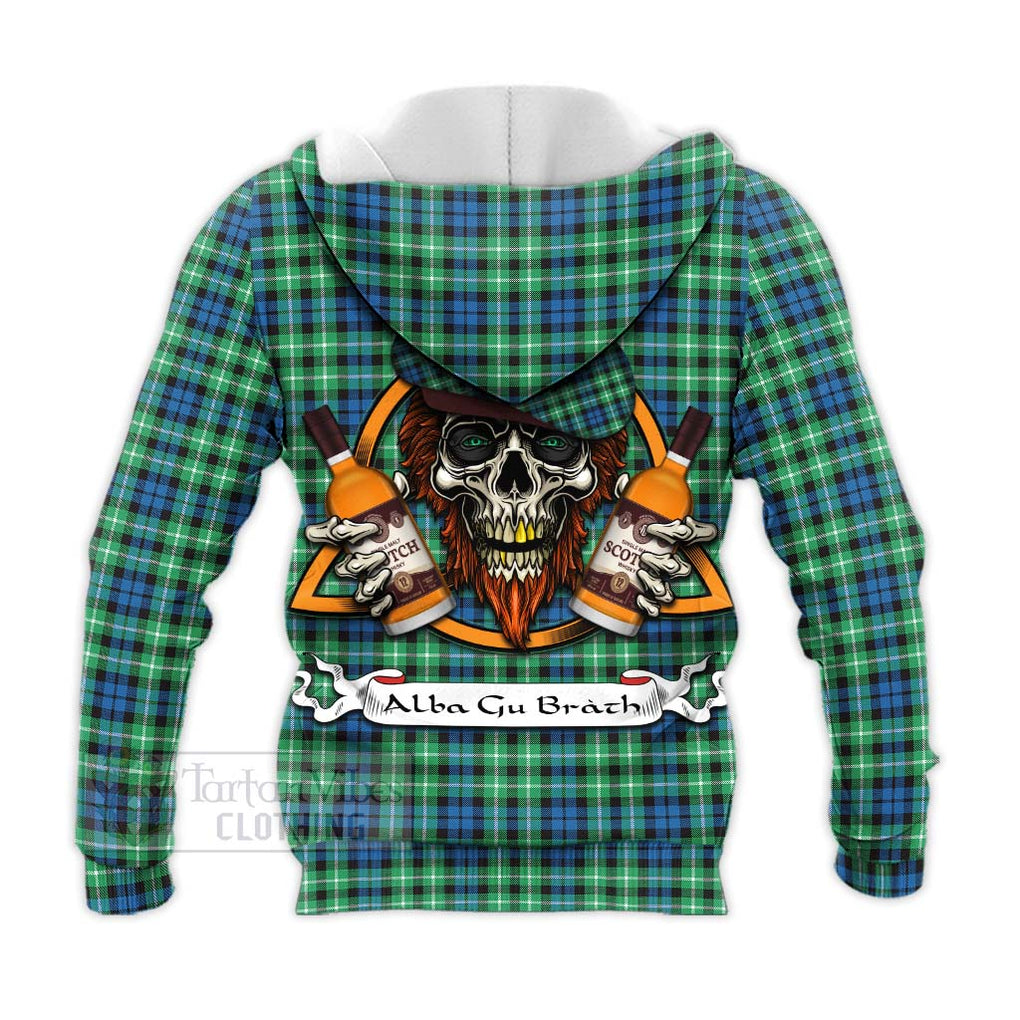 Tartan Vibes Clothing Graham Tartan Knitted Hoodie with Family Crest and Bearded Skull Holding Bottles of Whiskey