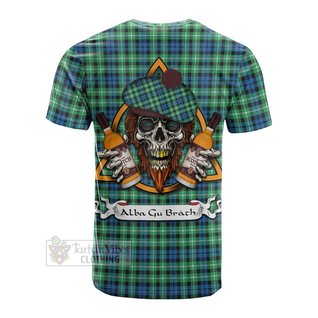 Tartan Vibes Clothing Graham Tartan Cotton T-shirt with Family Crest and Bearded Skull Holding Bottles of Whiskey