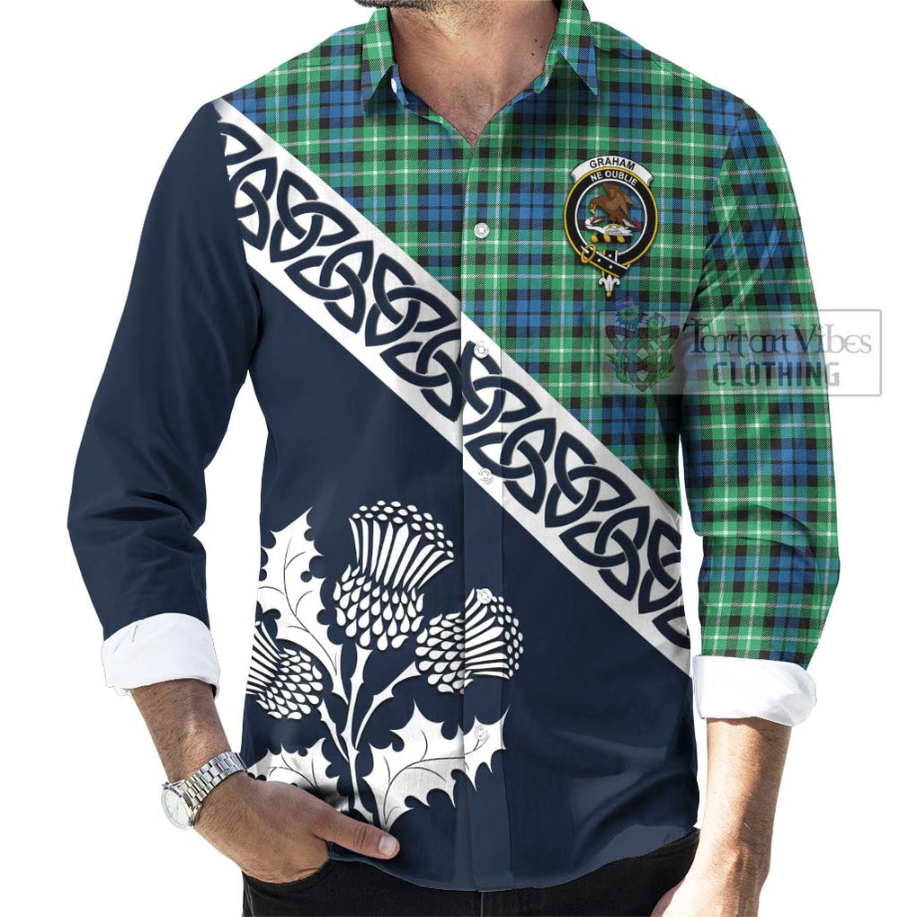 Tartan Vibes Clothing Graham Tartan Long Sleeve Button Shirt Featuring Thistle and Scotland Map