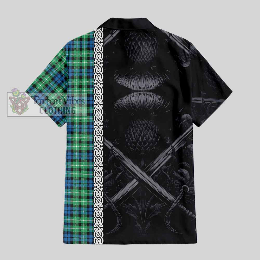 Tartan Vibes Clothing Graham Tartan Short Sleeve Button Shirt with Family Crest Cross Sword Thistle Celtic Vibes