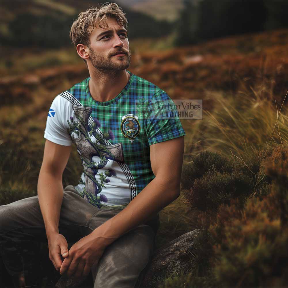 Tartan Vibes Clothing Graham Agnew Tartan T-Shirt with Family Crest and St. Andrew's Cross Accented by Thistle Vines