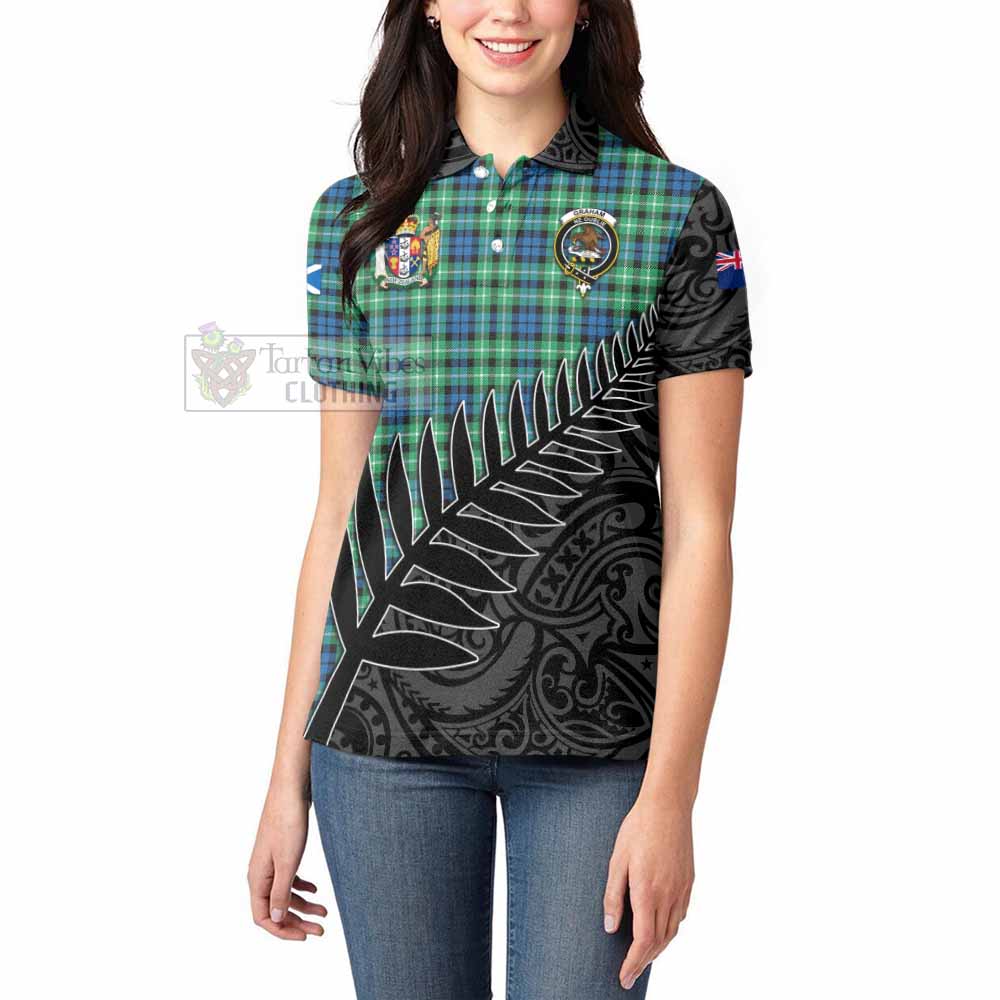 Tartan Vibes Clothing Graham Crest Tartan Women's Polo Shirt with New Zealand Silver Fern Half Style