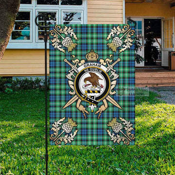 Graham Tartan Flag with Family Crest and Golden Thistle Crossed Sword Design