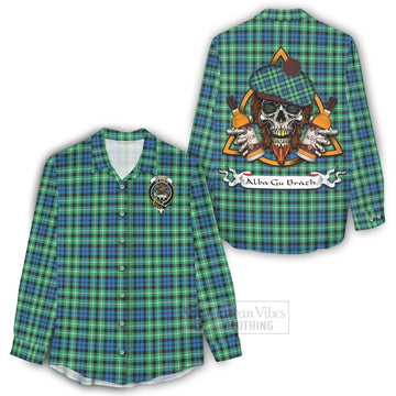 Graham Tartan Women's Casual Shirt with Family Crest and Bearded Skull Holding Bottles of Whiskey