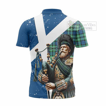 Graham Tartan Zipper Polo Shirt with Family Crest Scottish Bagpiper Vibes