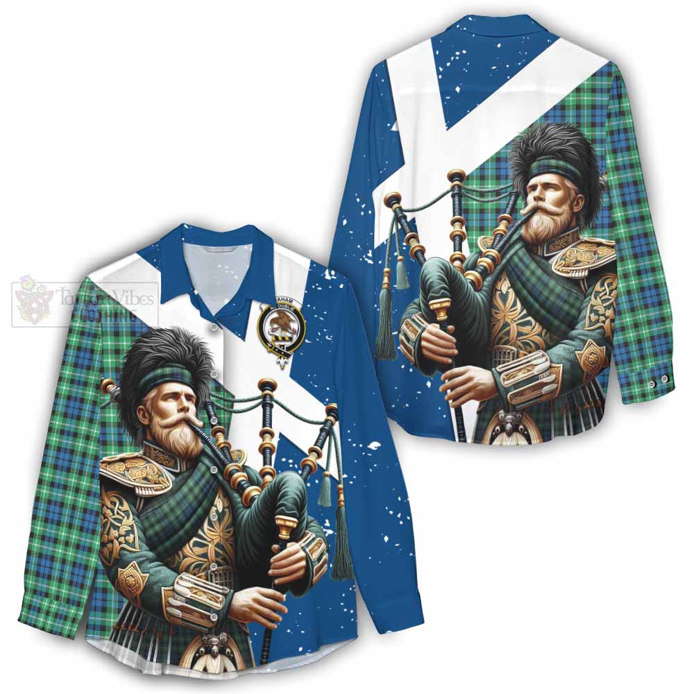 Tartan Vibes Clothing Graham Tartan Women's Casual Shirt with Family Crest Scottish Bagpiper Vibes