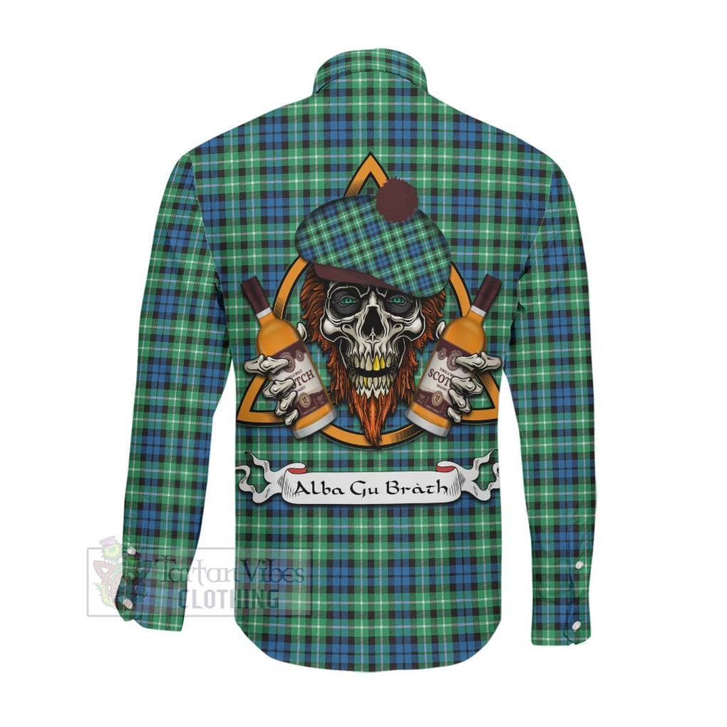 Tartan Vibes Clothing Graham Tartan Long Sleeve Button Shirt with Family Crest and Bearded Skull Holding Bottles of Whiskey