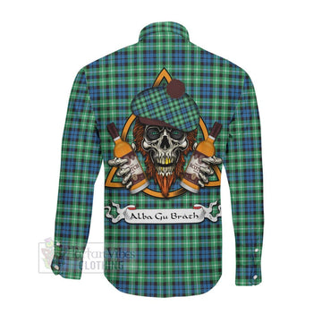 Graham Tartan Long Sleeve Button Shirt with Family Crest and Bearded Skull Holding Bottles of Whiskey