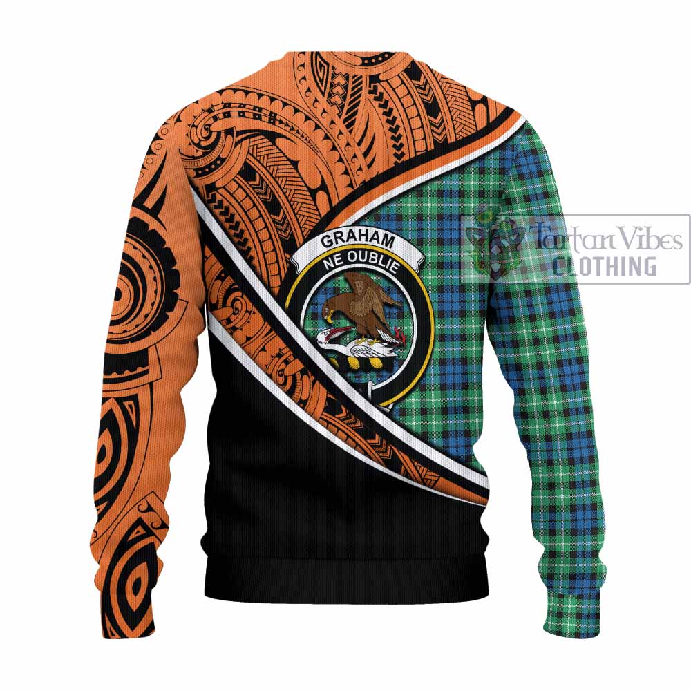 Tartan Vibes Clothing Graham Crest Tartan Knitted Sweater with Maori Tattoo Style - Orange Version