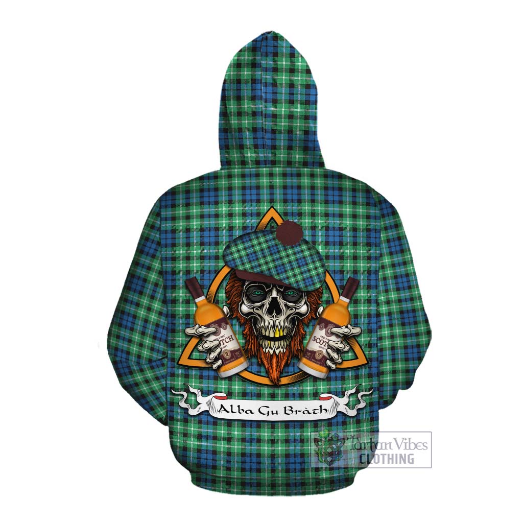 Tartan Vibes Clothing Graham Tartan Cotton Hoodie with Family Crest and Bearded Skull Holding Bottles of Whiskey