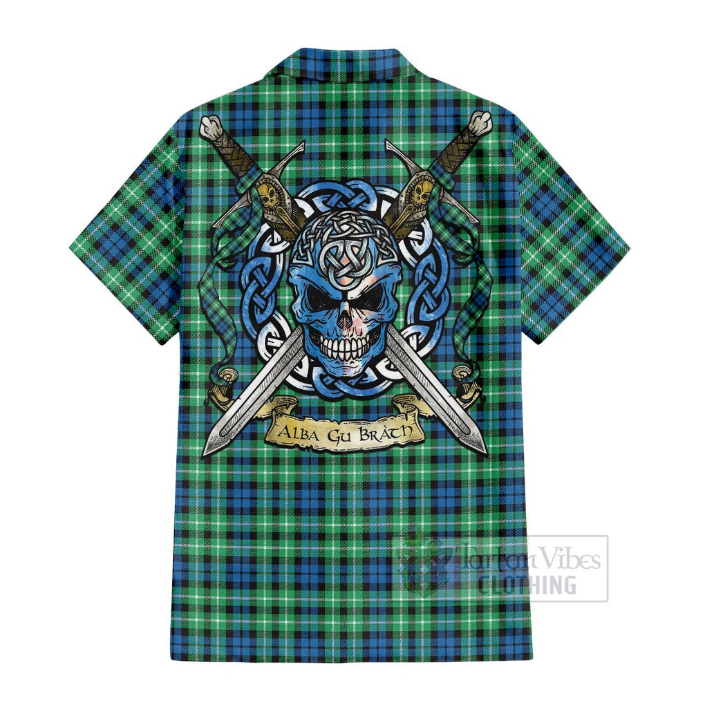 Tartan Vibes Clothing Graham Tartan Short Sleeve Button Shirt with Family Crest Celtic Skull Style