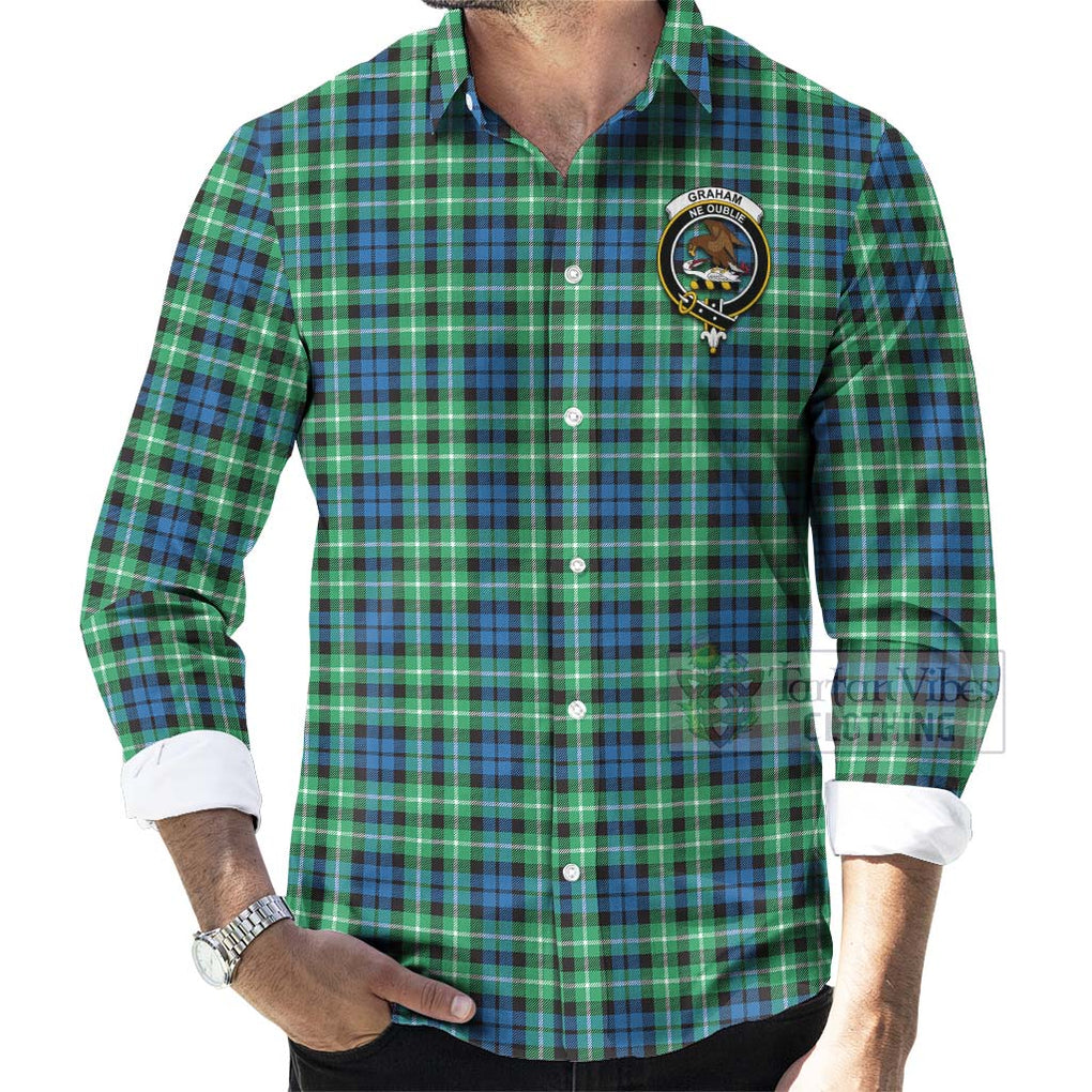 Tartan Vibes Clothing Graham Tartan Long Sleeve Button Shirt with Family Crest Celtic Skull Style