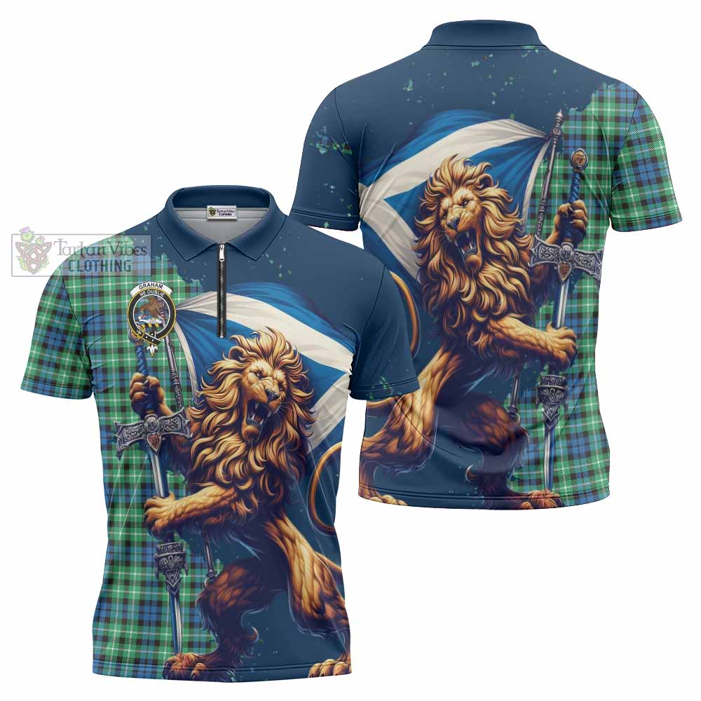 Tartan Vibes Clothing Graham Tartan Family Crest Zipper Polo Shirt with Scottish Majestic Lion