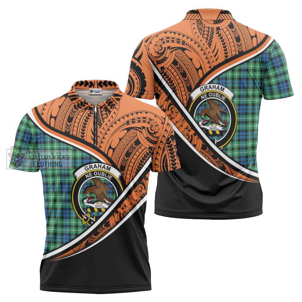 Tartan Vibes Clothing Graham Crest Tartan Zipper Polo Shirt with Maori Tattoo Style - Orange Version