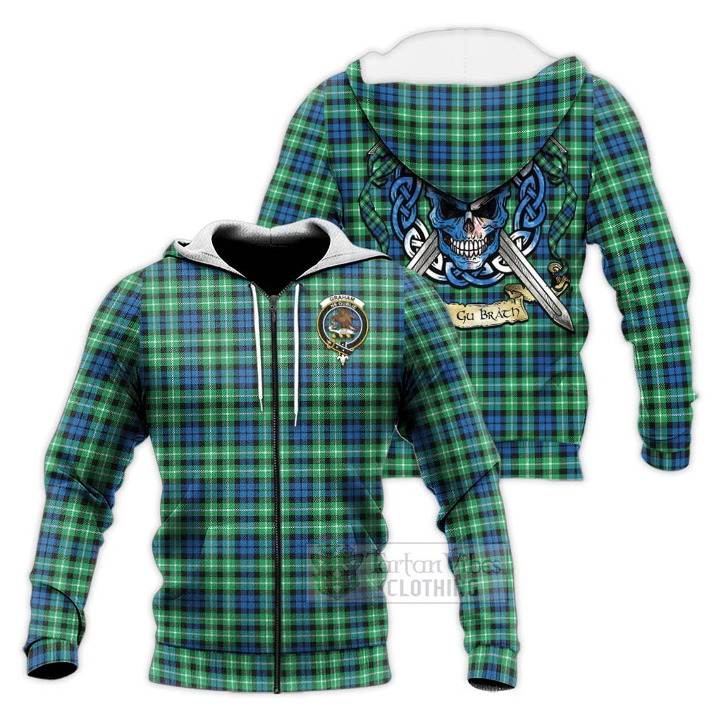 Tartan Vibes Clothing Graham Tartan Knitted Hoodie with Family Crest Celtic Skull Style