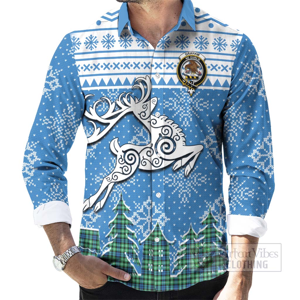 Tartan Vibes Clothing Graham Clan Christmas Long Sleeve Button Shirt Celtic Reindeer Style