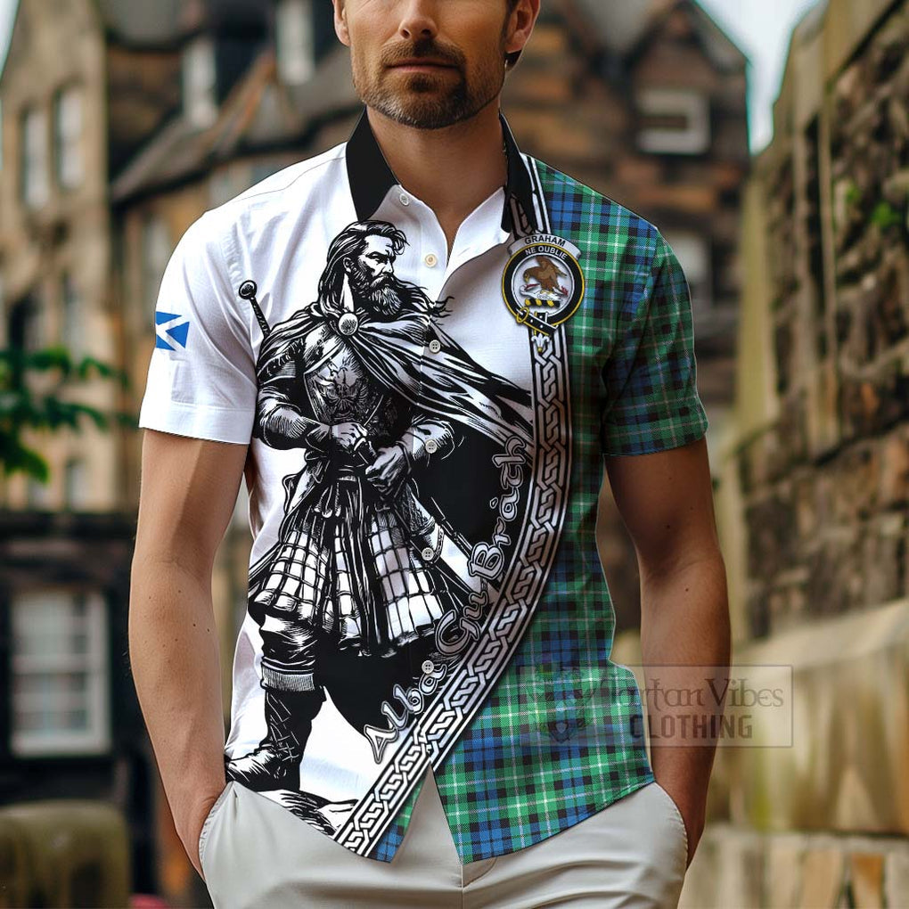 Tartan Vibes Clothing Graham Tartan Clan Crest Short Sleeve Button Shirt with Highlander Warrior Celtic Style