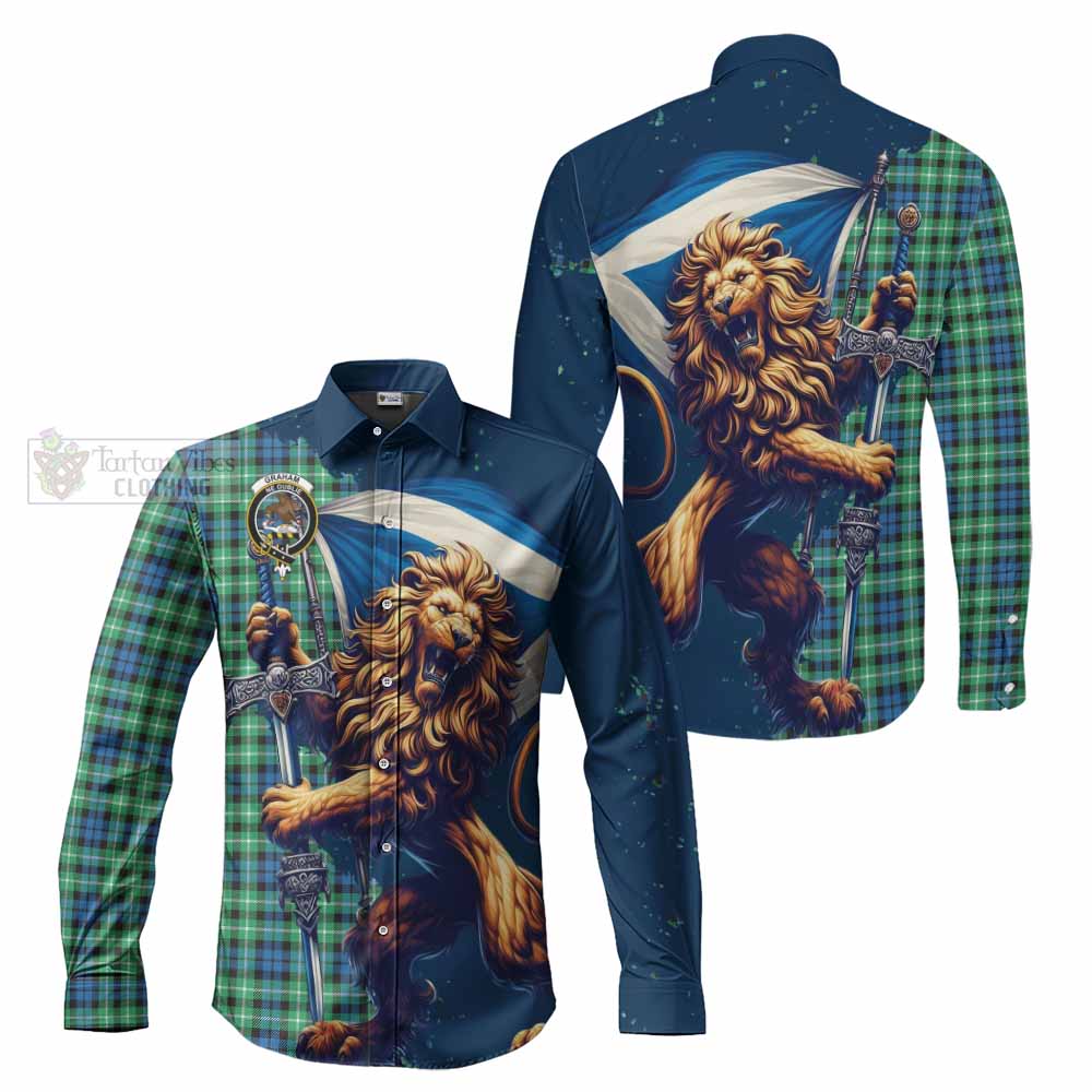 Tartan Vibes Clothing Graham Tartan Family Crest Long Sleeve Button Shirt with Scottish Majestic Lion