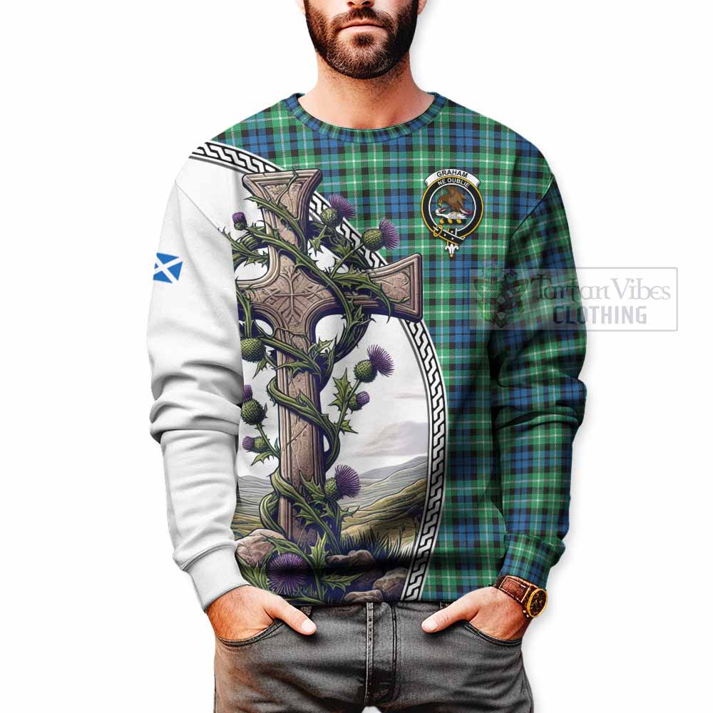 Tartan Vibes Clothing Graham Tartan Sweatshirt with Family Crest and St. Andrew's Cross Accented by Thistle Vines