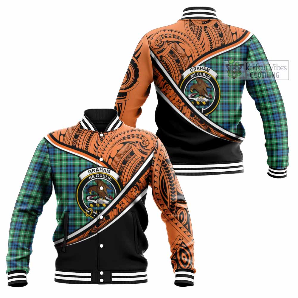 Tartan Vibes Clothing Graham Crest Tartan Baseball Jacket with Maori Tattoo Style - Orange Version