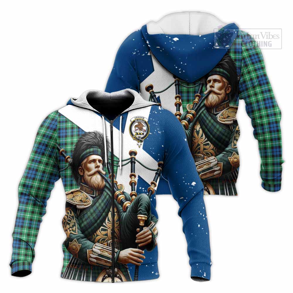 Tartan Vibes Clothing Graham Tartan Knitted Hoodie with Family Crest Scottish Bagpiper Vibes