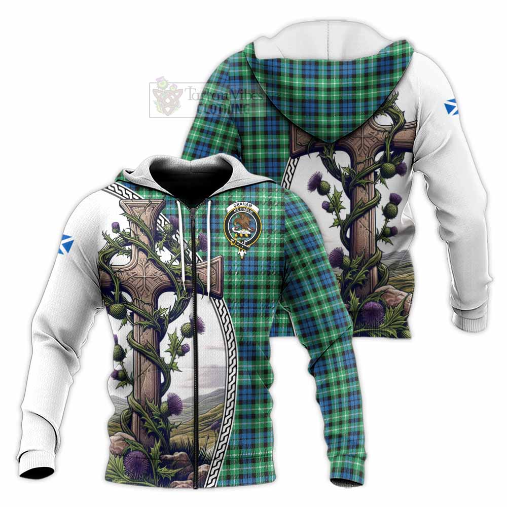 Tartan Vibes Clothing Graham Tartan Knitted Hoodie with Family Crest and St. Andrew's Cross Accented by Thistle Vines