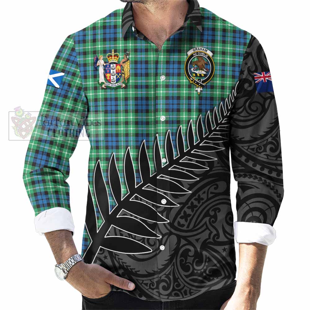 Tartan Vibes Clothing Graham Crest Tartan Long Sleeve Button Shirt with New Zealand Silver Fern Half Style