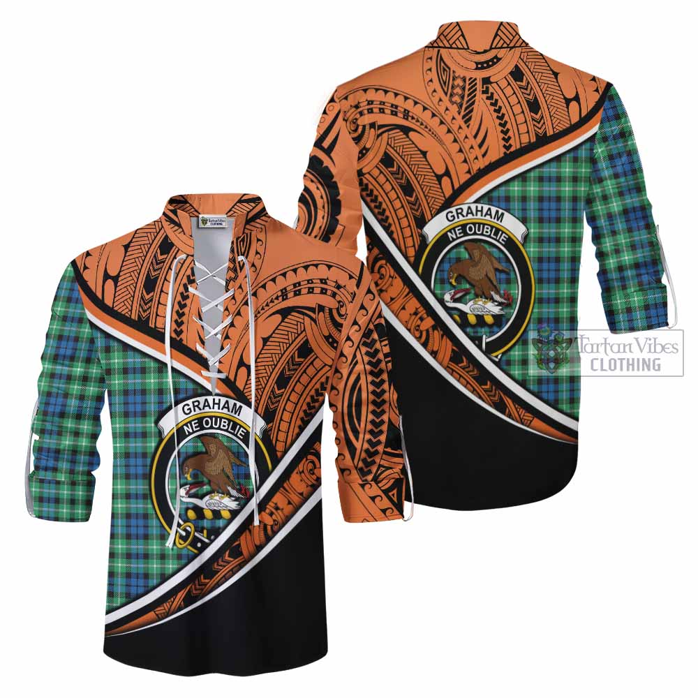 Tartan Vibes Clothing Graham Crest Tartan Ghillie Kilt Shirt with Maori Tattoo Style - Orange Version