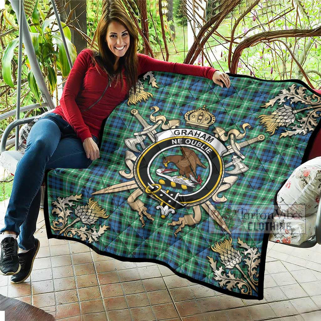 Tartan Vibes Clothing Graham Tartan Quilt with Family Crest and Scottish Golden Courage Shield