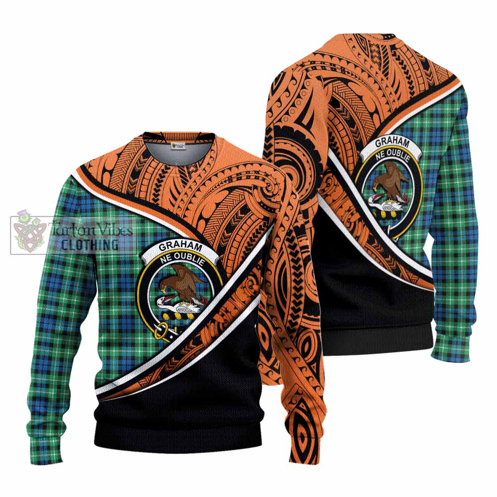 Tartan Vibes Clothing Graham Crest Tartan Knitted Sweater with Maori Tattoo Style - Orange Version