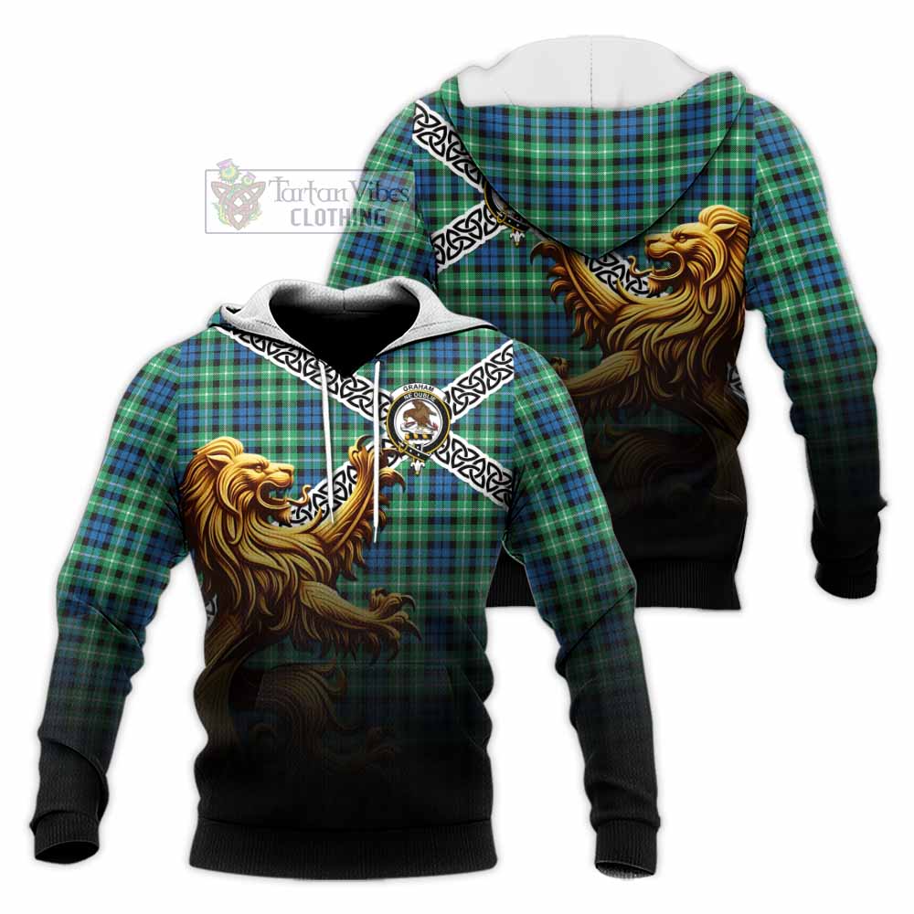 Graham Crest Tartan Knitted Hoodie with Golden Lion Emblem Celtic Style - Tartan Vibes Clothing