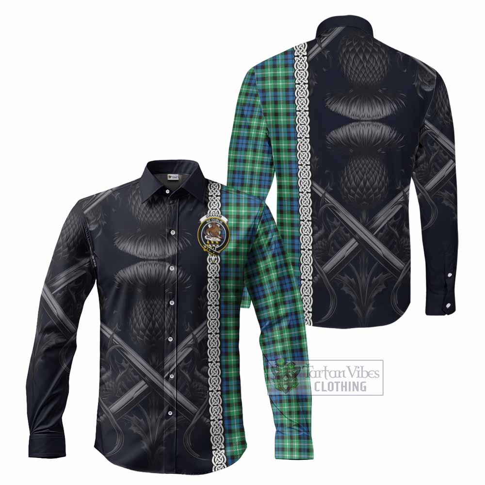 Tartan Vibes Clothing Graham Tartan Long Sleeve Button Shirt with Family Crest Cross Sword Thistle Celtic Vibes