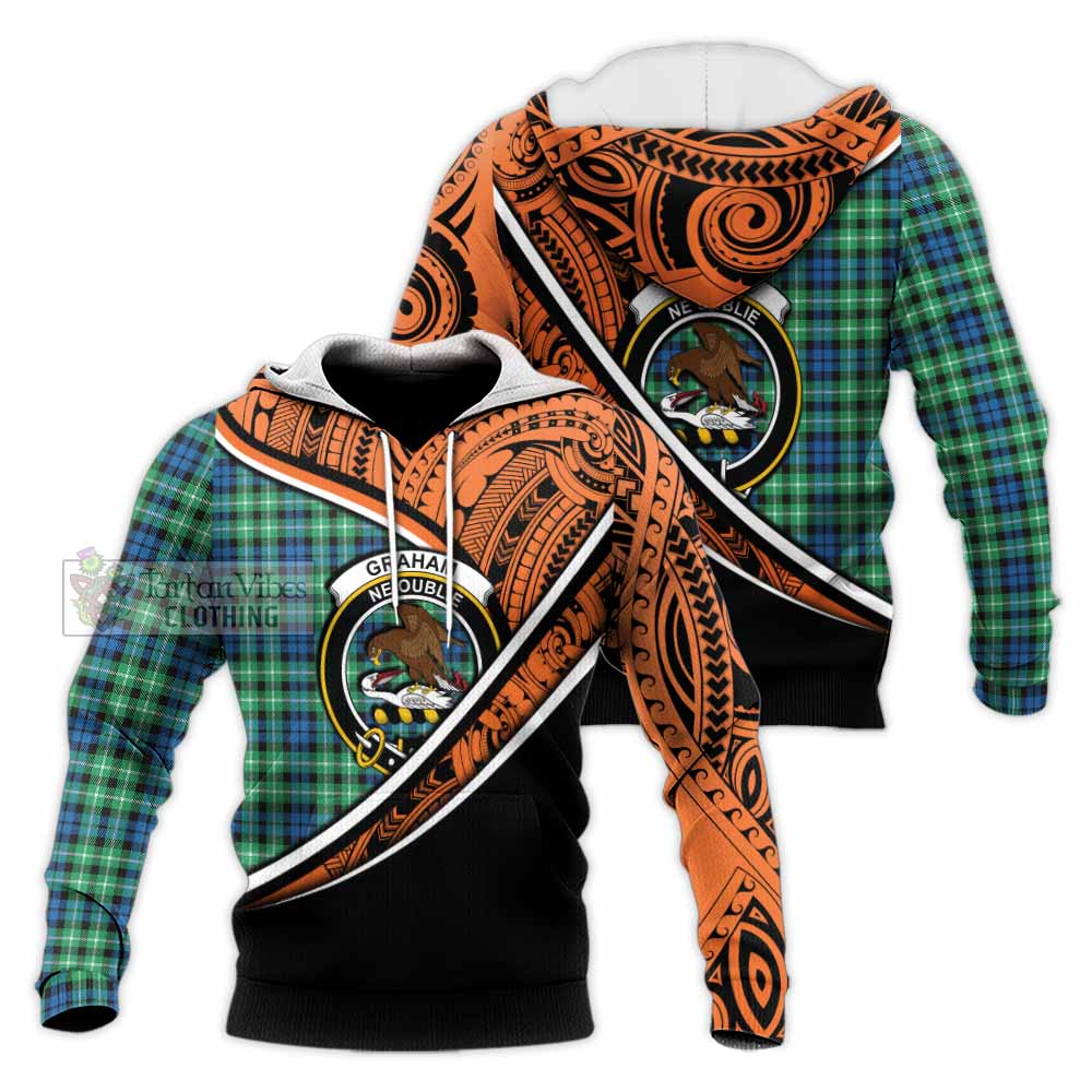 Tartan Vibes Clothing Graham Crest Tartan Knitted Hoodie with Maori Tattoo Style - Orange Version