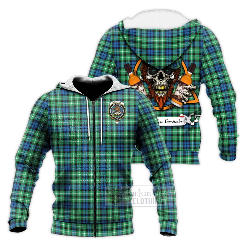 Tartan Vibes Clothing Graham Tartan Knitted Hoodie with Family Crest and Bearded Skull Holding Bottles of Whiskey