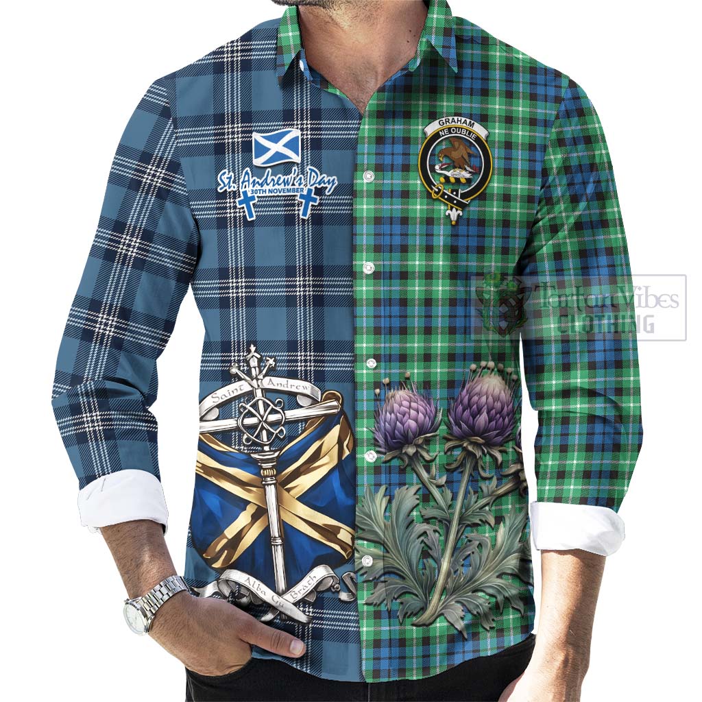 Tartan Vibes Clothing Graham Tartan Long Sleeve Button Shirt Happy St. Andrew's Day Half Tartan Style