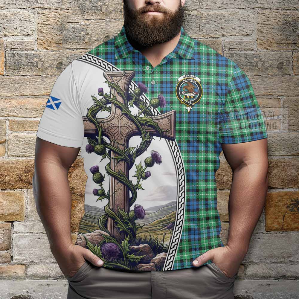 Tartan Vibes Clothing Graham Tartan Polo Shirt with Family Crest and St. Andrew's Cross Accented by Thistle Vines