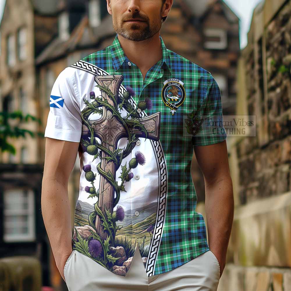 Tartan Vibes Clothing Graham Tartan Short Sleeve Button Shirt with Family Crest and St. Andrew's Cross Accented by Thistle Vines