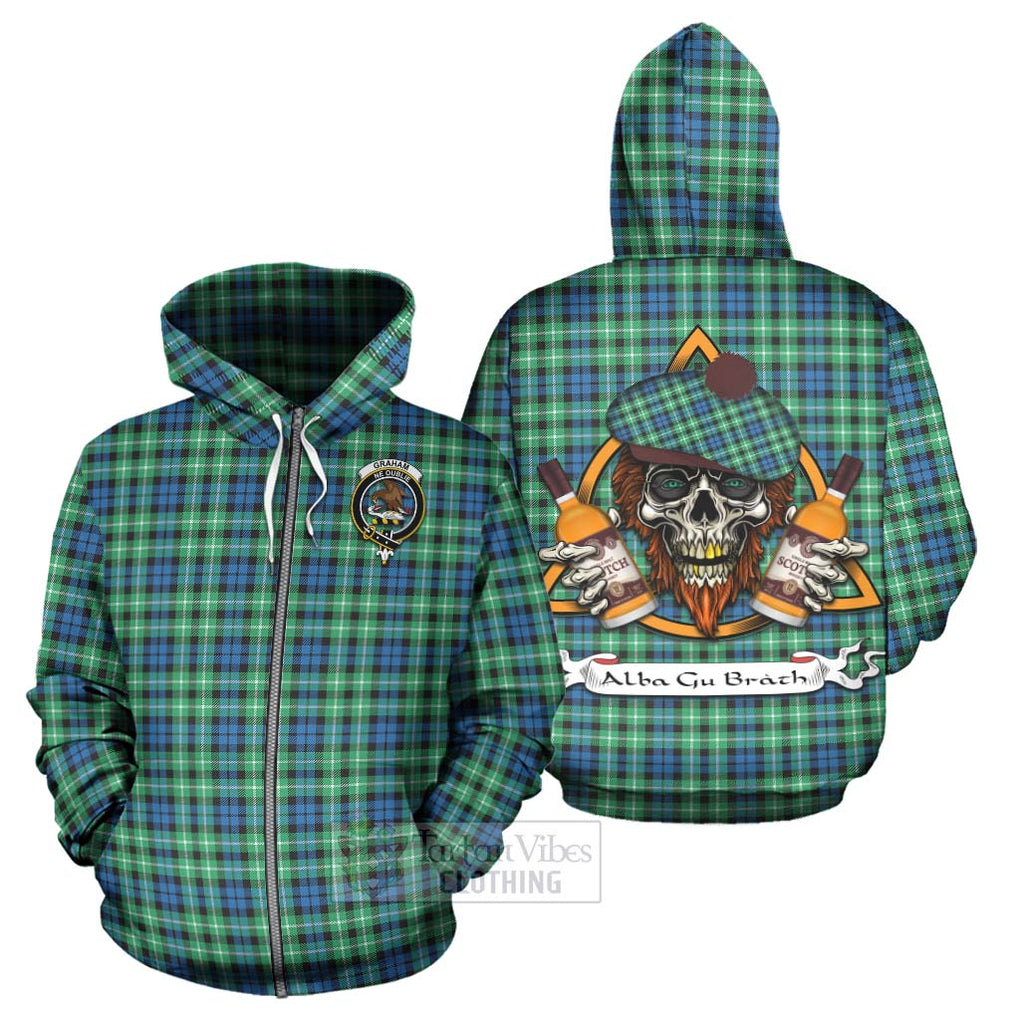 Tartan Vibes Clothing Graham Tartan Hoodie with Family Crest and Bearded Skull Holding Bottles of Whiskey