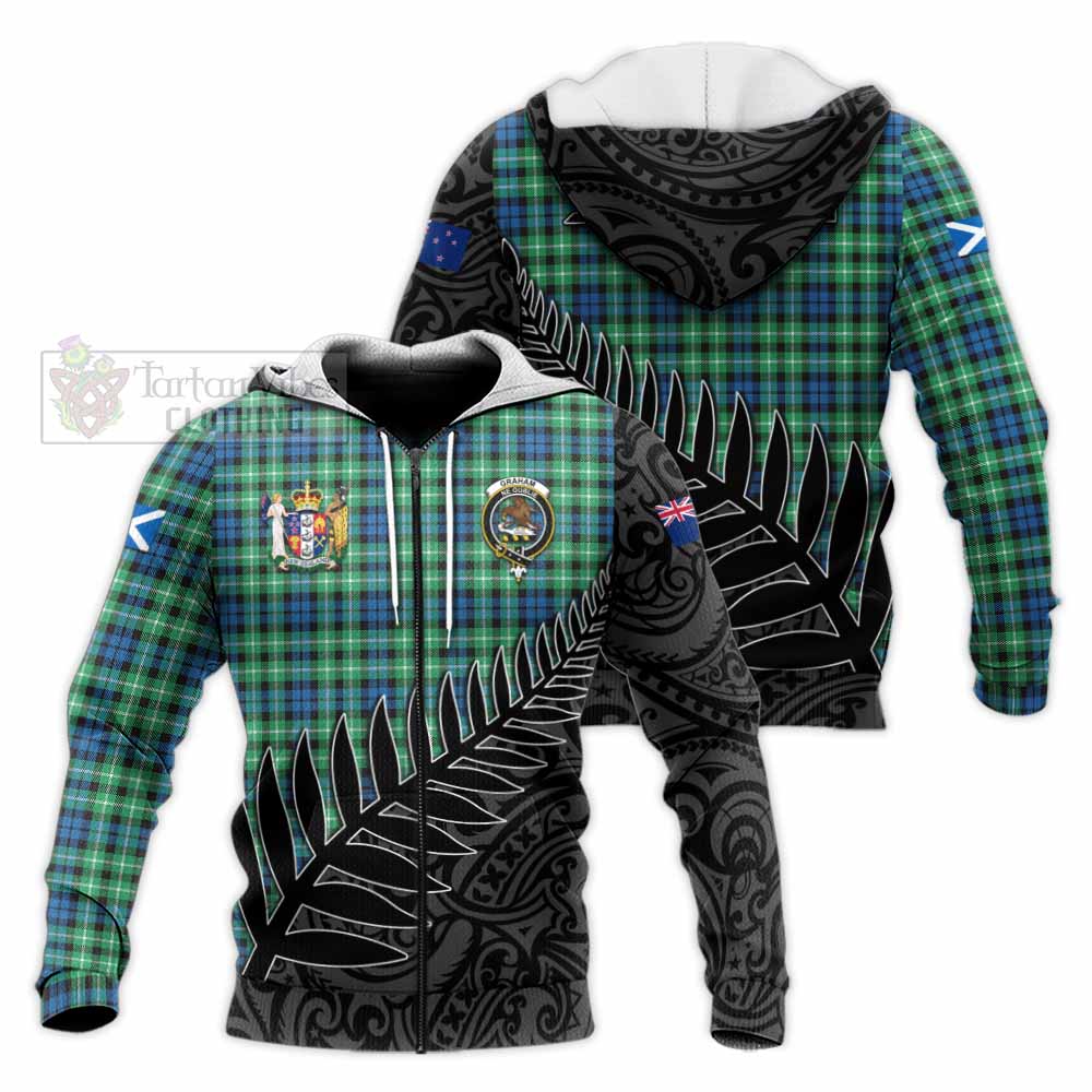 Tartan Vibes Clothing Graham Crest Tartan Knitted Hoodie with New Zealand Silver Fern Half Style