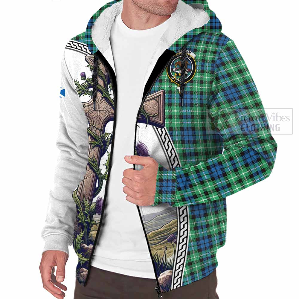 Tartan Vibes Clothing Graham Tartan Sherpa Hoodie with Family Crest and St. Andrew's Cross Accented by Thistle Vines