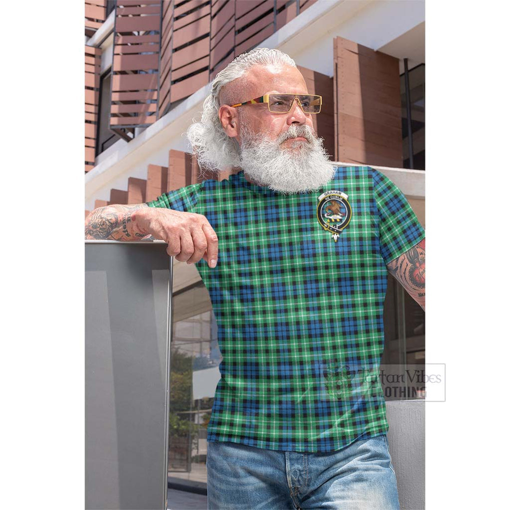 Tartan Vibes Clothing Graham Tartan Cotton T-shirt with Family Crest and Bearded Skull Holding Bottles of Whiskey