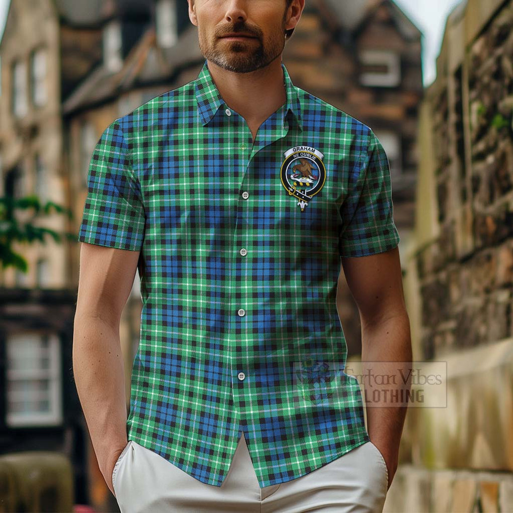 Tartan Vibes Clothing Graham Tartan Short Sleeve Button Shirt with Family Crest Celtic Skull Style