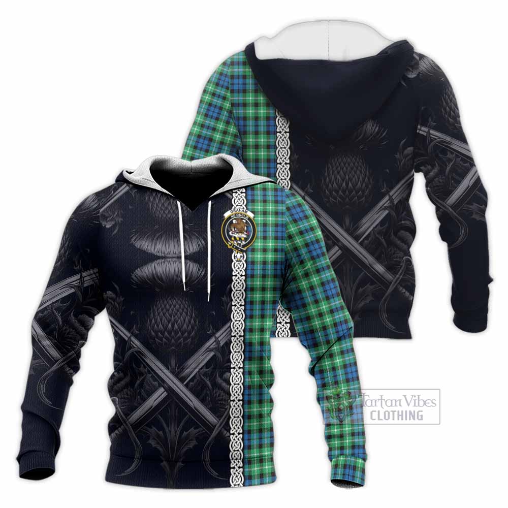 Graham Tartan Knitted Hoodie with Family Crest Cross Sword Thistle Celtic Vibes - Tartan Vibes Clothing