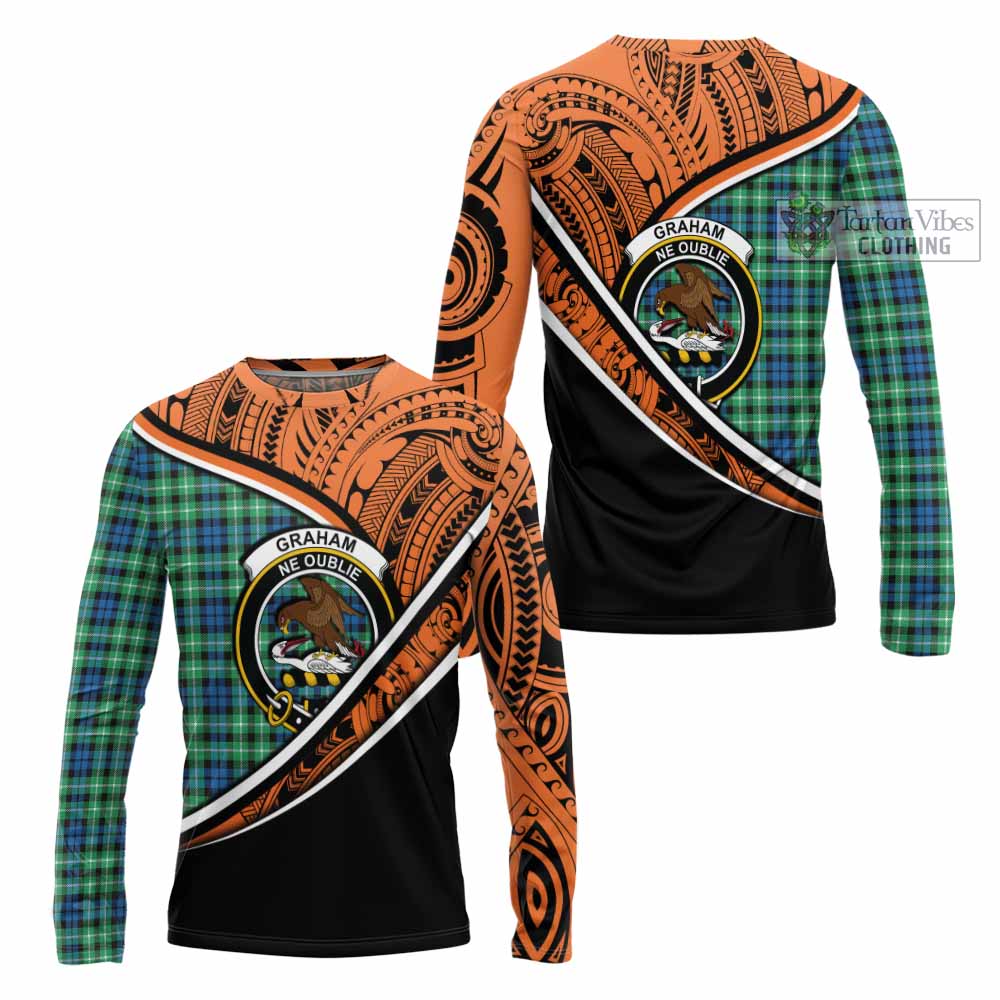 Tartan Vibes Clothing Graham Crest Tartan Long Sleeve T-Shirt with Maori Tattoo Style - Orange Version