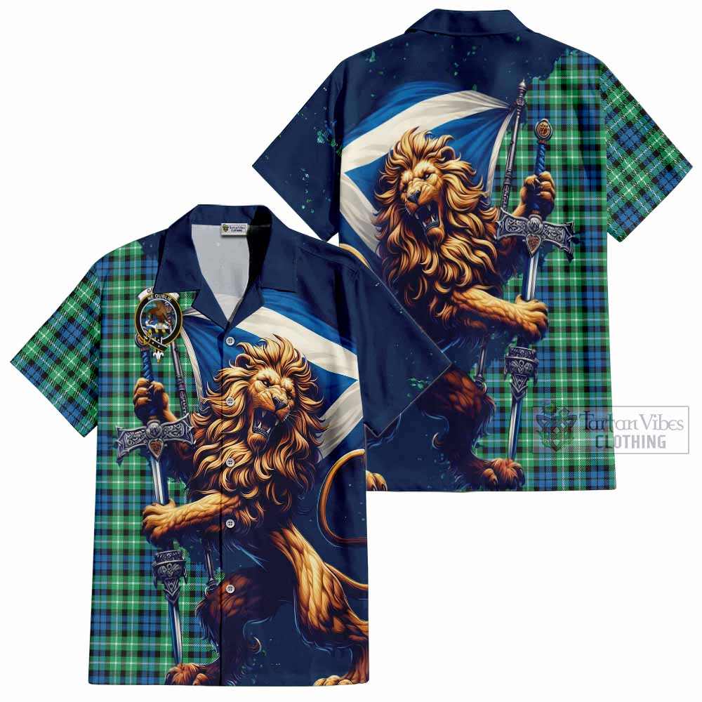 Tartan Vibes Clothing Graham Tartan Family Crest Short Sleeve Button Shirt with Scottish Majestic Lion