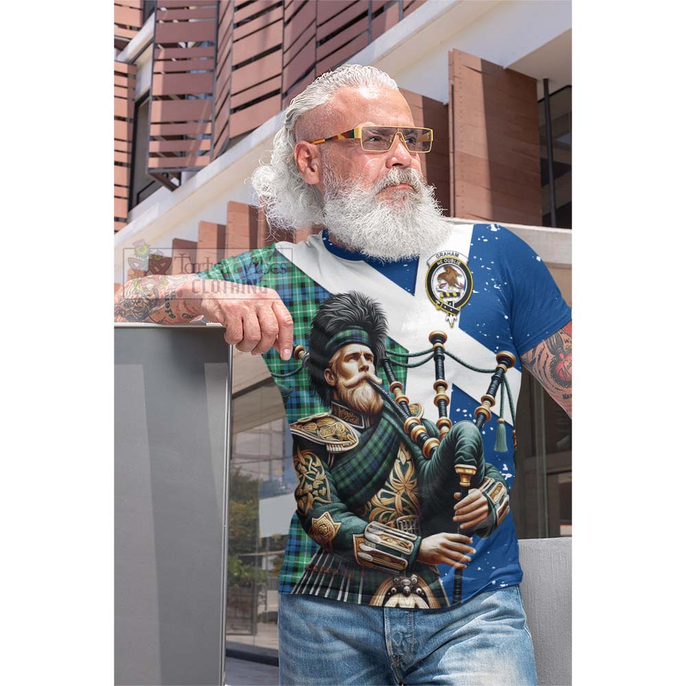 Tartan Vibes Clothing Graham Tartan Cotton T-shirt with Family Crest Scottish Bagpiper Vibes