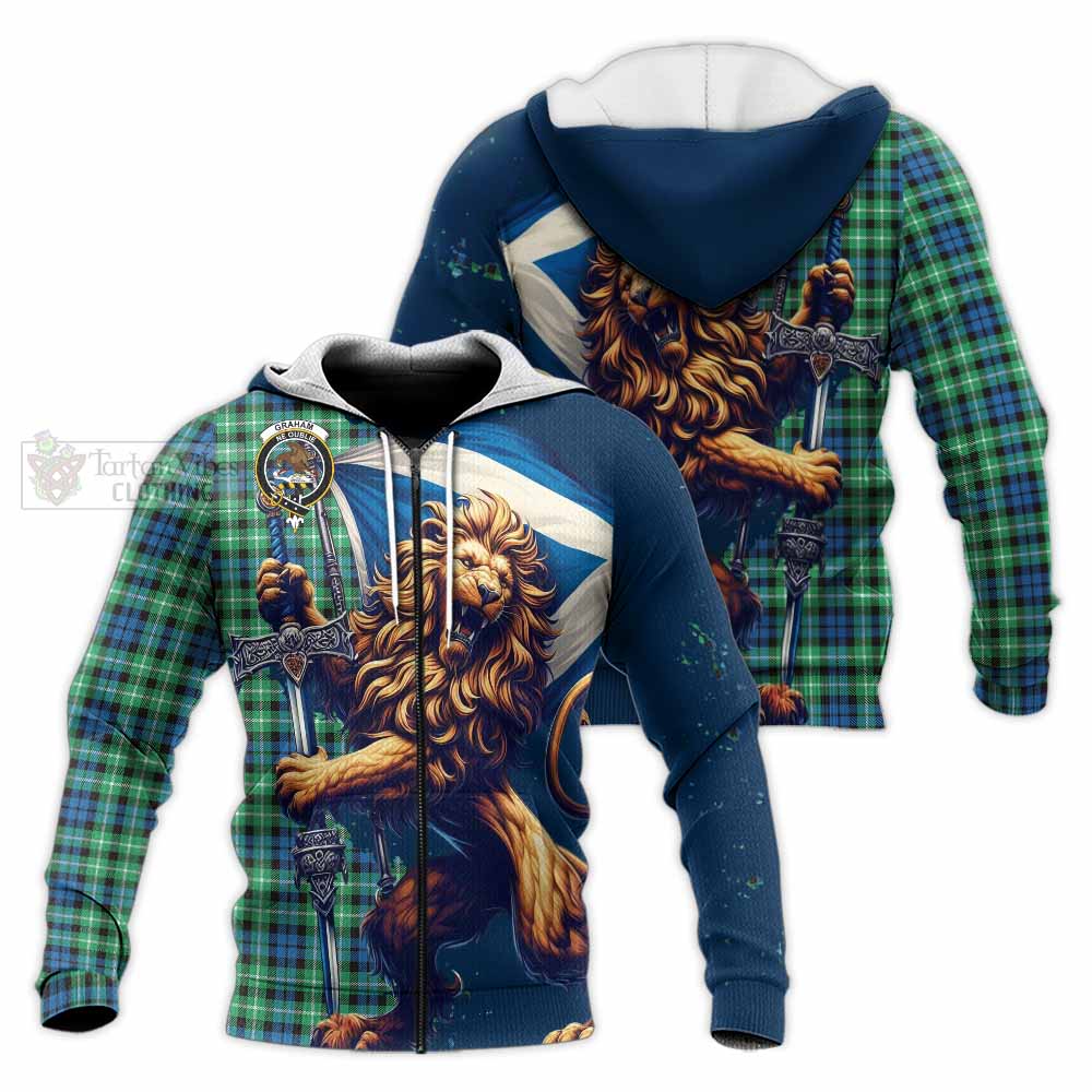 Tartan Vibes Clothing Graham Tartan Family Crest Knitted Hoodie with Scottish Majestic Lion