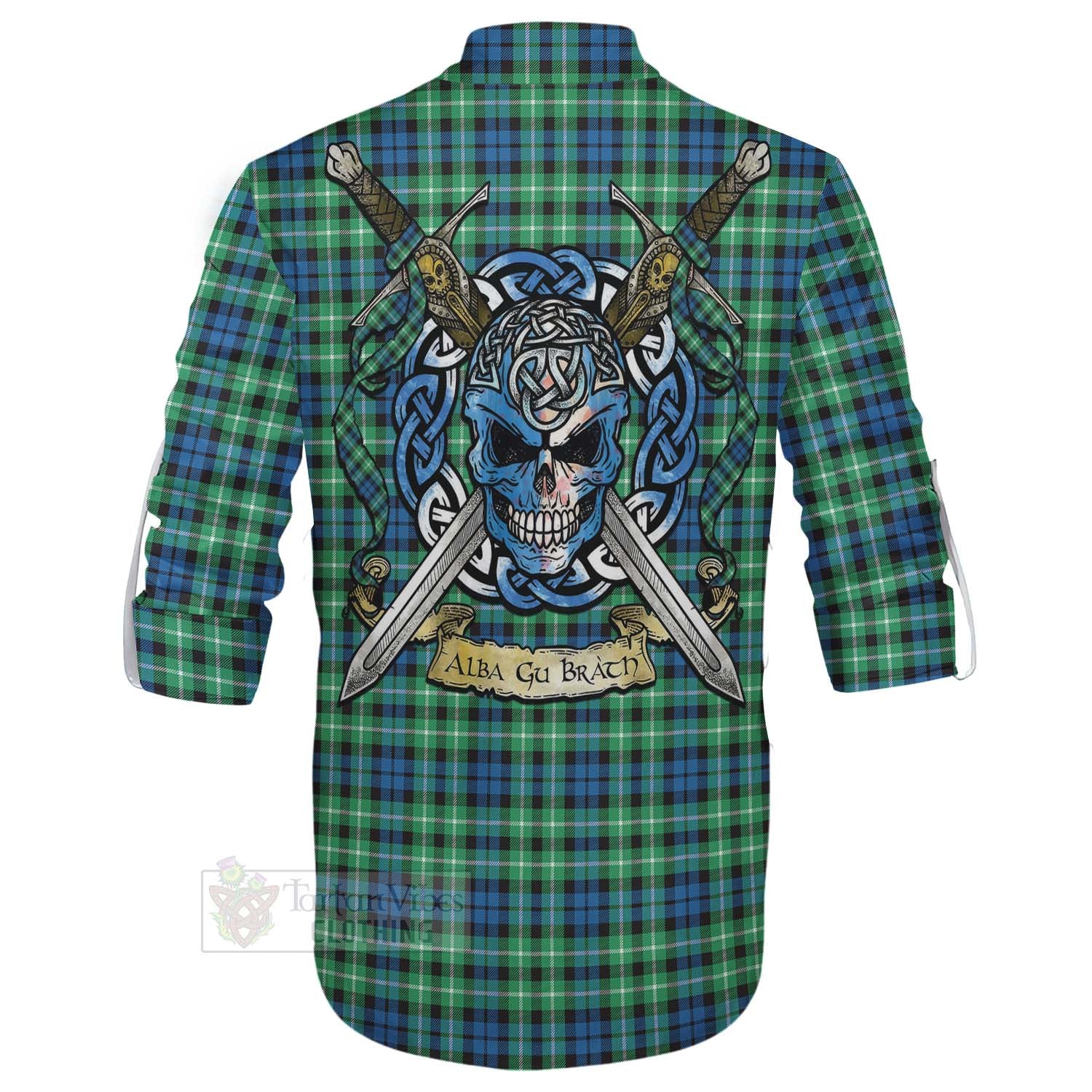 Tartan Vibes Clothing Graham Tartan Ghillie Kilt Shirt with Family Crest Celtic Skull Style